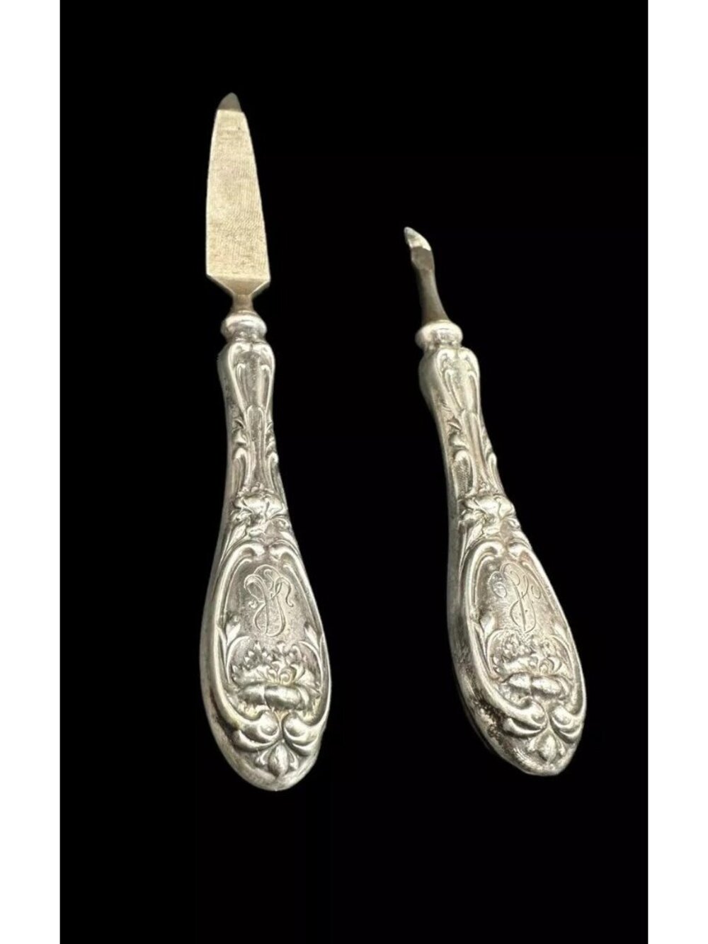 Antique Art Nouveau Sterling Silver Nail File Cuticle Cutter Set Floral Repousse